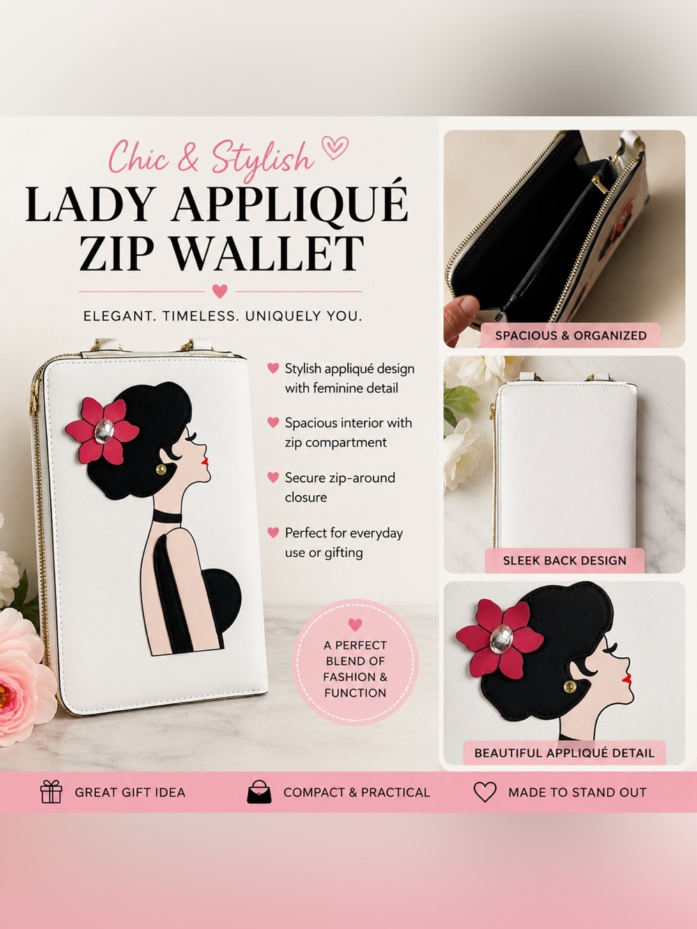 Lady Appliqué Zip Wallet/purse - White with Pink Accent
